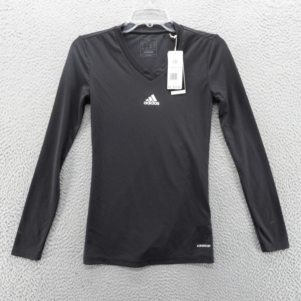 Adidas Team Base Tee Womens XS Black Long Sleeve AEROREADY V-Neck Shirt NEW